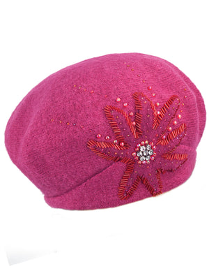 Wool Beret Hat - Rhinestone Sequin Beaded Flower