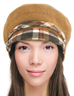 Wool Blend Newsboy Hat - Belt Accent Plaid Visor