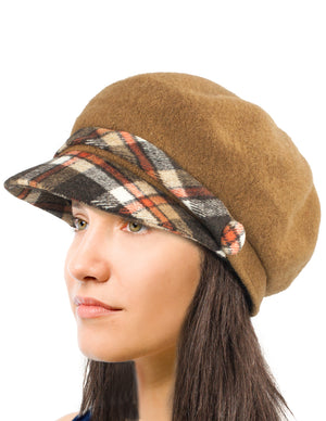 Wool Blend Newsboy Hat - Belt Accent Plaid Visor
