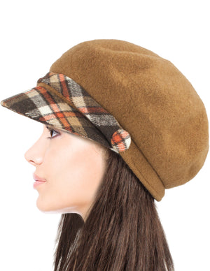 Wool Blend Newsboy Hat - Belt Accent Plaid Visor