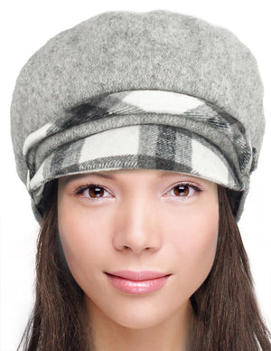 Wool Blend Newsboy Hat - Belt Accent Plaid Visor