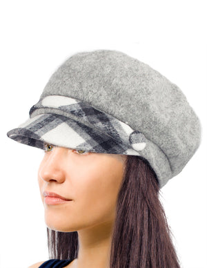 Wool Blend Newsboy Hat - Belt Accent Plaid Visor