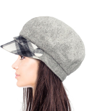 Wool Blend Newsboy Hat - Belt Accent Plaid Visor