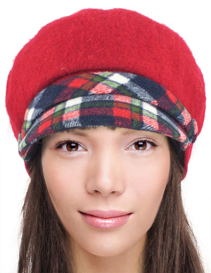 Wool Blend Newsboy Hat - Belt Accent Plaid Visor