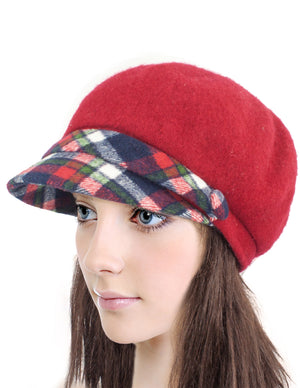 Wool Blend Newsboy Hat - Belt Accent Plaid Visor