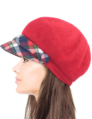 Wool Blend Newsboy Hat - Belt Accent Plaid Visor