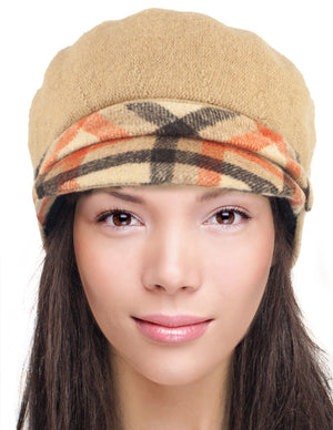 Wool Blend Newsboy Hat - Belt Accent Plaid Visor