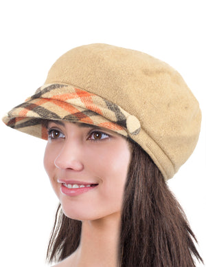 Wool Blend Newsboy Hat - Belt Accent Plaid Visor