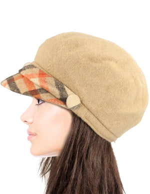 Wool Blend Newsboy Hat - Belt Accent Plaid Visor