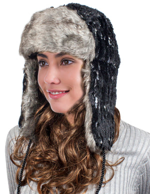 Faux Fur Trapper Hat - Shining Sequin