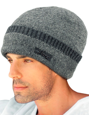 Men's Wool Blend Knit Beanie Hat, Velour Fleece Lined, Gray