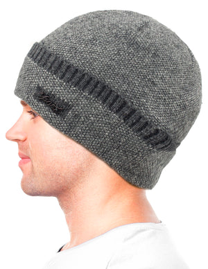 Men's Wool Blend Knit Beanie Hat, Velour Fleece Lined, Gray