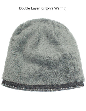 Men's Wool Blend Knit Beanie Hat, Velour Fleece Lined, Gray