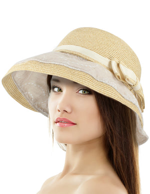 Lace Print Brim Bow Straw Bucket Summer Sun Hat