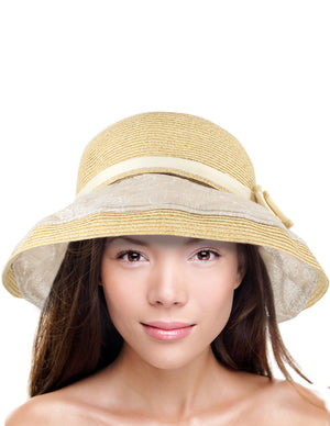 Lace Print Brim Bow Straw Bucket Summer Sun Hat