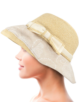 Lace Print Brim Bow Straw Bucket Summer Sun Hat