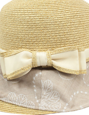 Lace Print Brim Bow Straw Bucket Summer Sun Hat