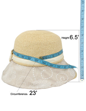 Lace Print Brim Bow Straw Bucket Summer Sun Hat