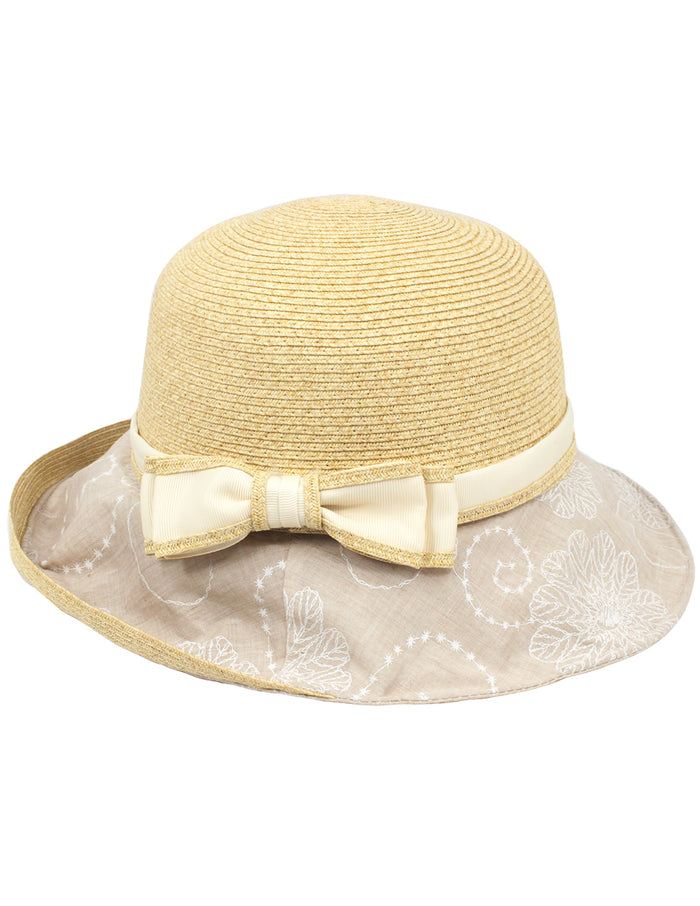 Lace Print Brim Bow Straw Bucket Summer Sun Hat