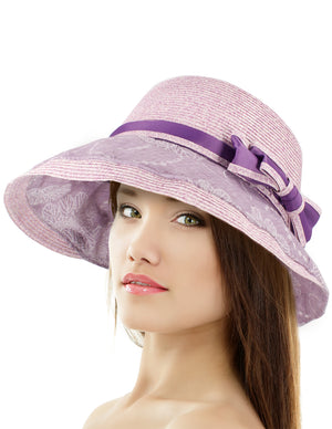 Lace Print Brim Bow Straw Bucket Summer Sun Hat