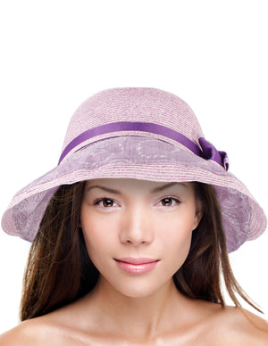 Lace Print Brim Bow Straw Bucket Summer Sun Hat