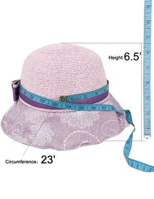 Lace Print Brim Bow Straw Bucket Summer Sun Hat