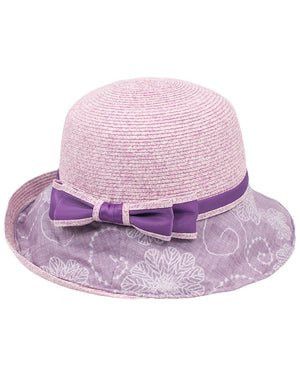Lace Print Brim Bow Straw Bucket Summer Sun Hat