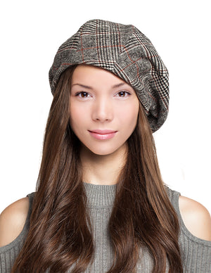 Velvet Lined Wool Blend Beret Bow Decorated Painter Plaid