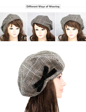 Velvet Lined Wool Blend Beret Bow Decorated Painter Plaid