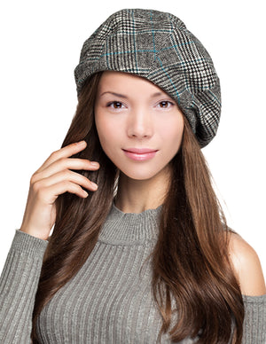 Velvet Lined Wool Blend Beret Bow Decorated Painter Plaid