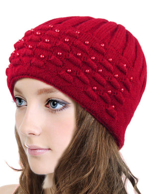 Angora Blend Beanie Hat - Dual Layer Pearl Accent Edge