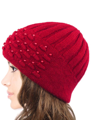 Angora Blend Beanie Hat - Dual Layer Pearl Accent Edge