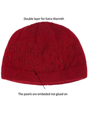 Angora Blend Beanie Hat - Dual Layer Pearl Accent Edge