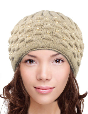 Angora Blend Beanie Hat - Dual Layer Pearl Accent Edge - Dahlia