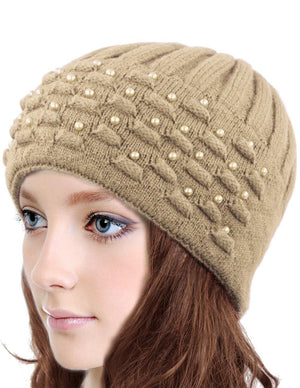 Angora Blend Beanie Hat - Dual Layer Pearl Accent Edge - Dahlia