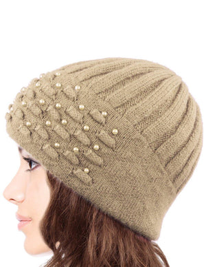 Angora Blend Beanie Hat - Dual Layer Pearl Accent Edge - Dahlia