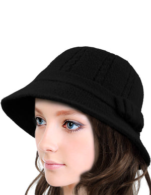 Wool Blend Winter Hat - Cable Bow Cloche Bucket Hat