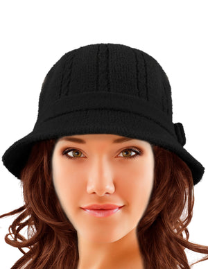 Wool Blend Winter Hat - Cable Bow Cloche Bucket Hat