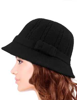 Wool Blend Winter Hat - Cable Bow Cloche Bucket Hat