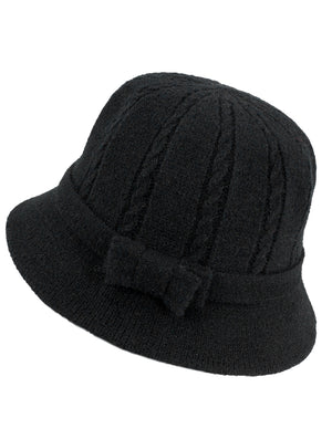 Wool Blend Winter Hat - Cable Bow Cloche Bucket Hat