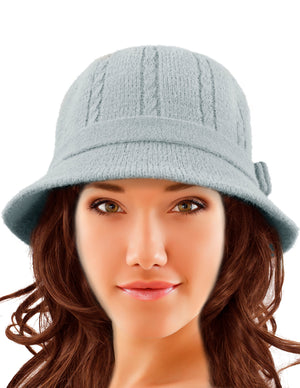 Wool Blend Winter Hat - Cable Bow Cloche Bucket Hat
