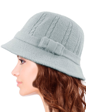 Wool Blend Winter Hat - Cable Bow Cloche Bucket Hat
