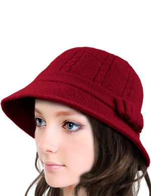 Wool Blend Winter Hat - Cable Bow Cloche Bucket Hat