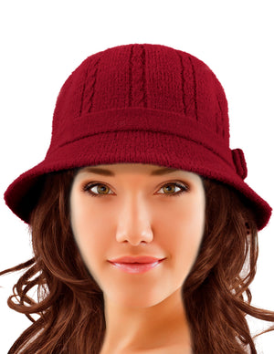 Wool Blend Winter Hat - Cable Bow Cloche Bucket Hat
