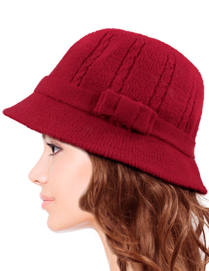 Wool Blend Winter Hat - Cable Bow Cloche Bucket Hat