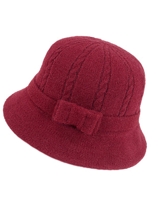 Wool Blend Winter Hat - Cable Bow Cloche Bucket Hat