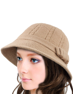 Wool Blend Winter Hat - Cable Bow Cloche Bucket Hat