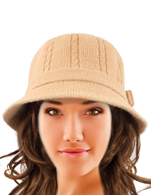 Wool Blend Winter Hat - Cable Bow Cloche Bucket Hat