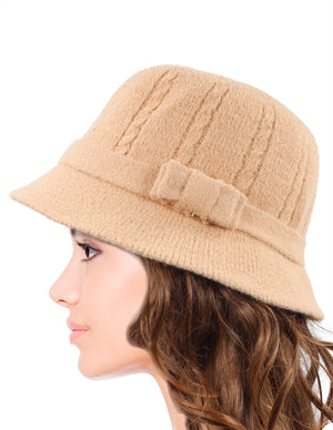 Wool Blend Winter Hat - Cable Bow Cloche Bucket Hat