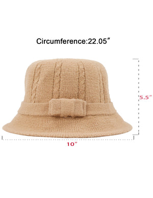 Wool Blend Winter Hat - Cable Bow Cloche Bucket Hat